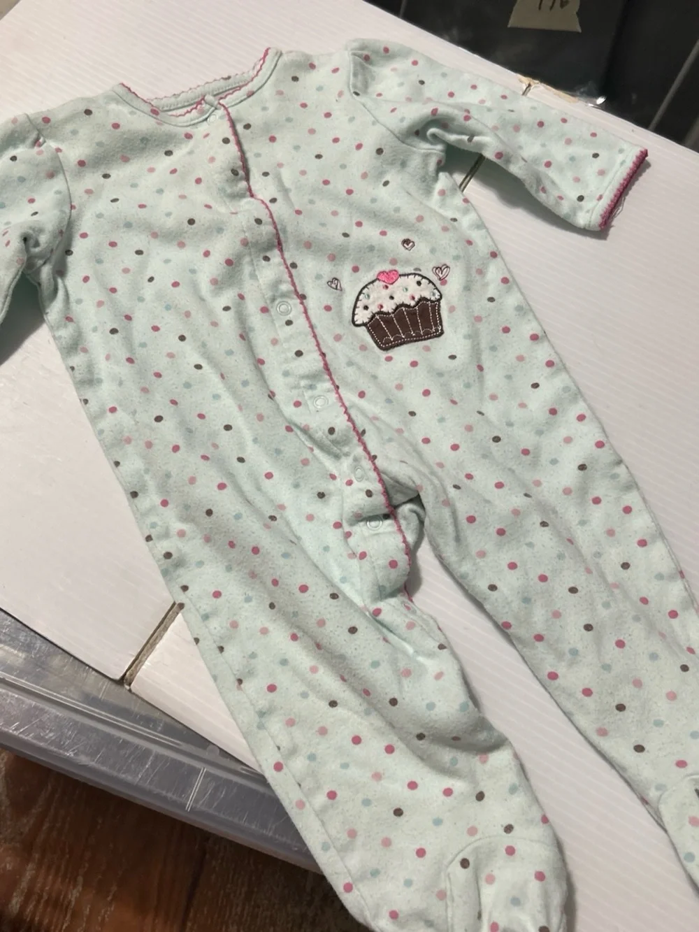 Baby Girls Mint Polka Dot Footed One-Piece with Cupcake Appliqué